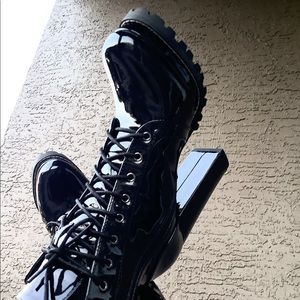 Black Patent Leather Chunky Heel Boots